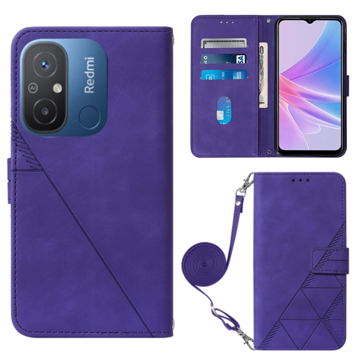 Crossbody flip leather phone case, purple with embossed geometric pattern and strap
