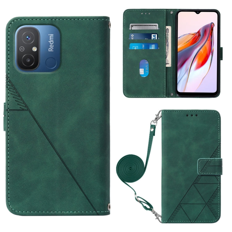 Crossbody flip leather phone case, dark green with embossed geometric pattern and strap