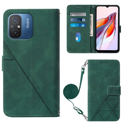 Crossbody flip leather phone case, dark green with embossed geometric pattern and strap