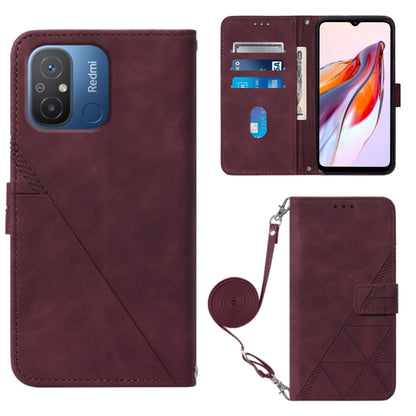 Crossbody flip leather phone case, burgundy, card slot panel and embossed geometric strap