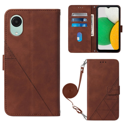 Crossbody flip leather phone case, brown with embossed geometric panel and crossbody strap
