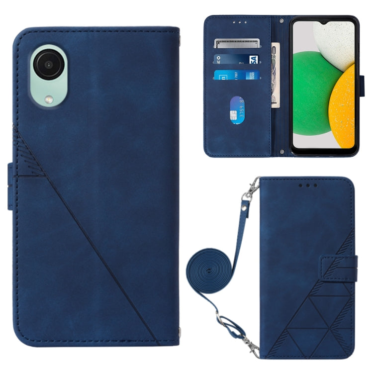 Crossbody flip leather phone case, blue with embossed geometric panel and crossbody strap