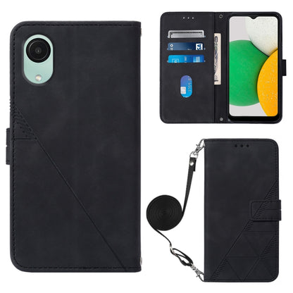 Crossbody flip leather phone case, black with embossed geometric panel and crossbody strap