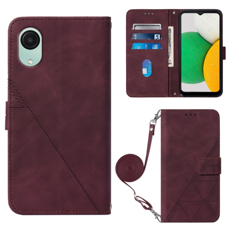 Wine red leather crossbody flip phone case with 3D embossed pattern and card slots