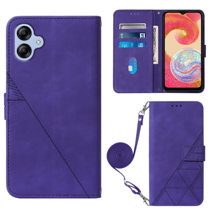 Purple leather flip phone case with crossbody strap, 3D embossed pattern, and card slots