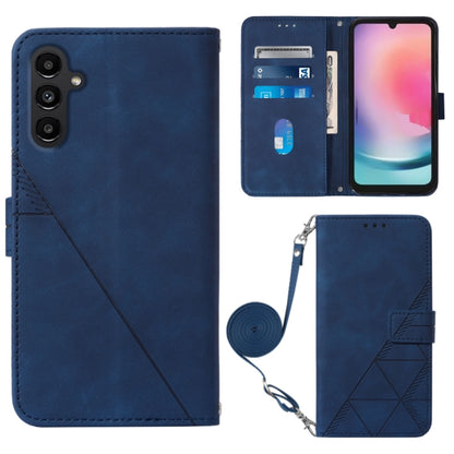 Blue leather flip phone case with crossbody strap, 3D embossed pattern, and card slots