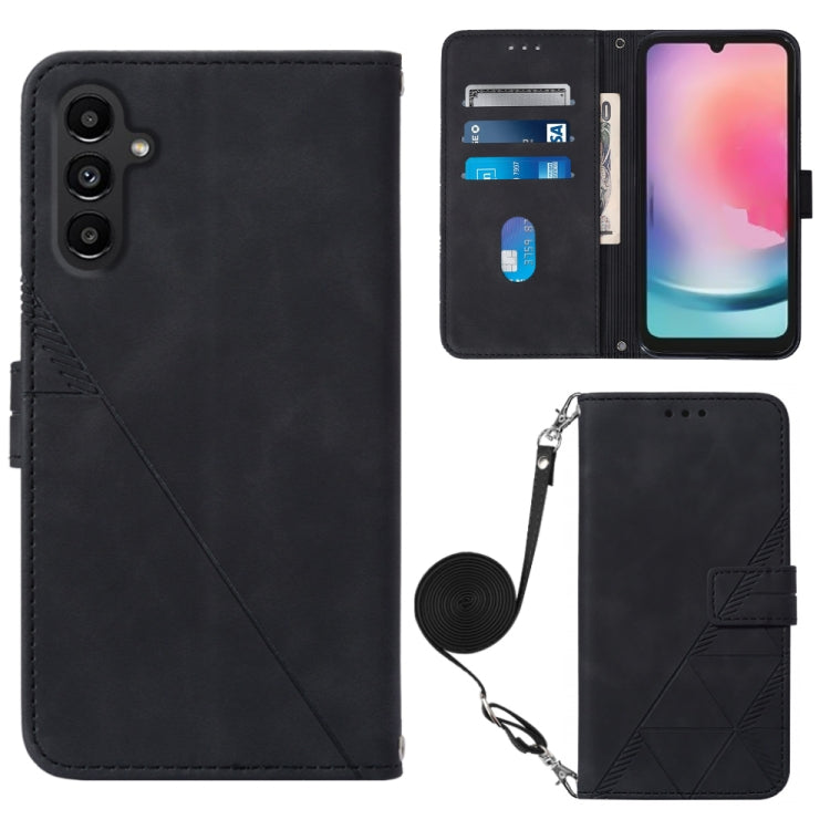 Black embossed flip leather crossbody phone case with card window and magnetic flap