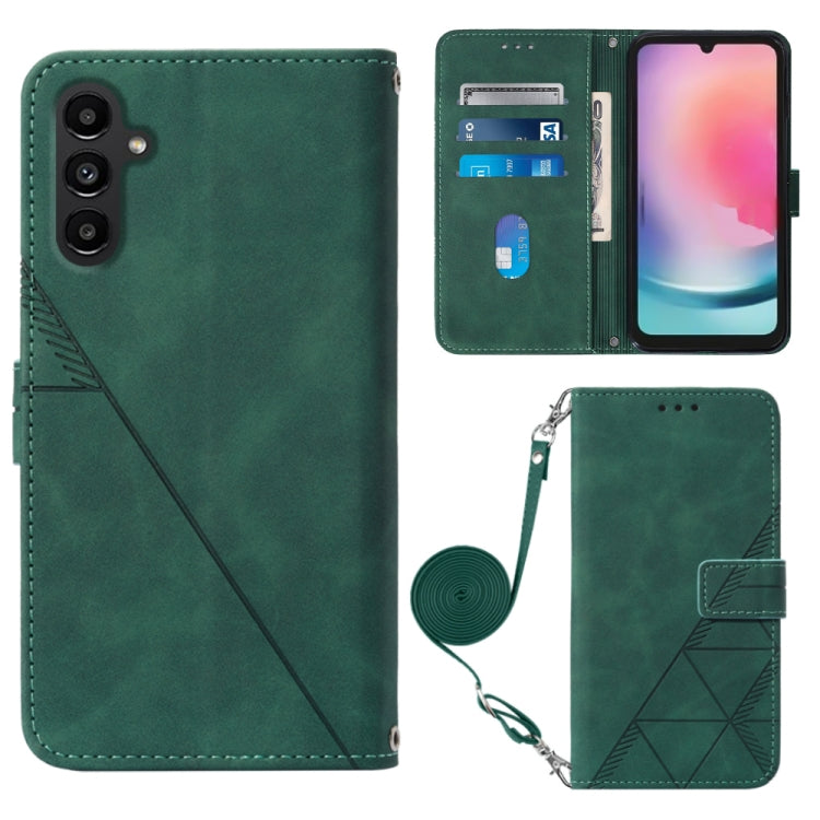 Dark green embossed flip leather crossbody phone case with card window and magnetic flap