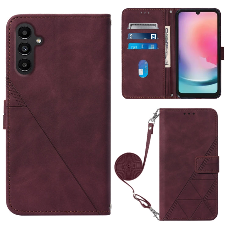 Wine red embossed flip leather crossbody phone case with card window and magnetic flap