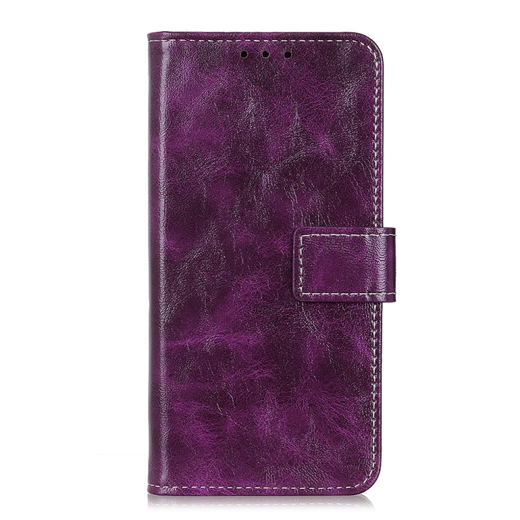 Purple flip leather phone case with magnetic flap and stitched side strap