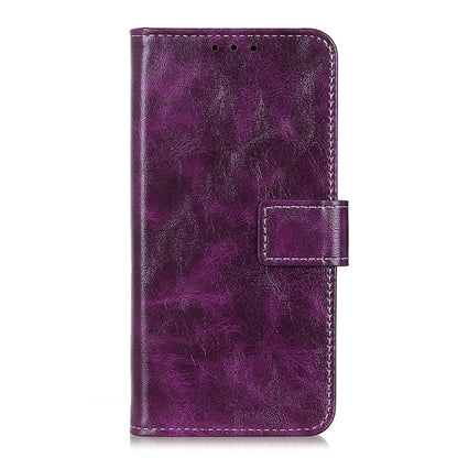 Purple flip leather phone case with magnetic flap and stitched side strap