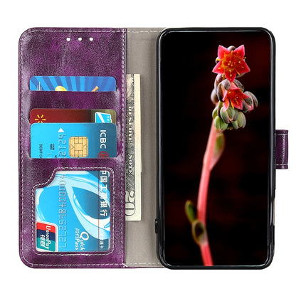 Purple flip leather case opened to show card holders and inner phone screen