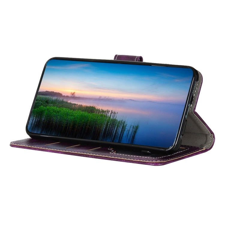 Purple flip leather phone case folded into a landscape viewing stand