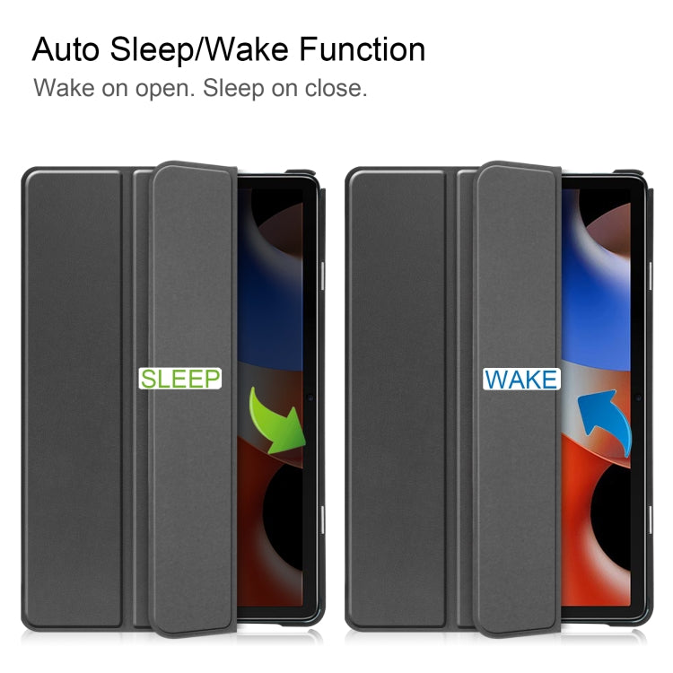 Black folio tablet case showing sleep/wake auto cover closed and open stand view