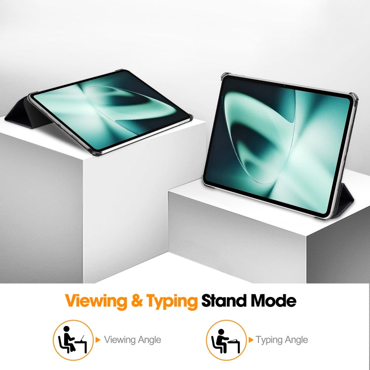 3-fold tablet case stand showing two viewing angles with tablet screen facing up