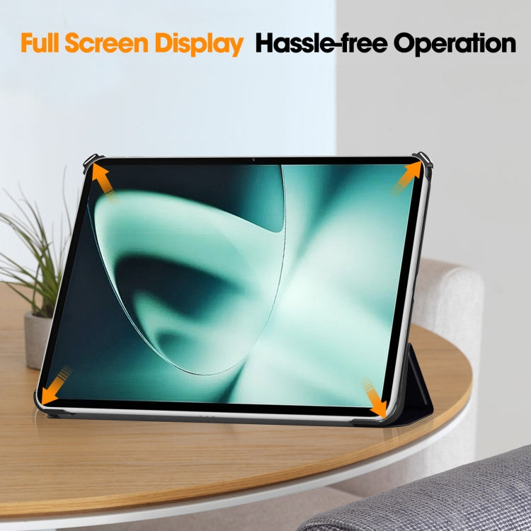 Smart tablet case in viewing stand mode on tabletop with tablet propped at angle