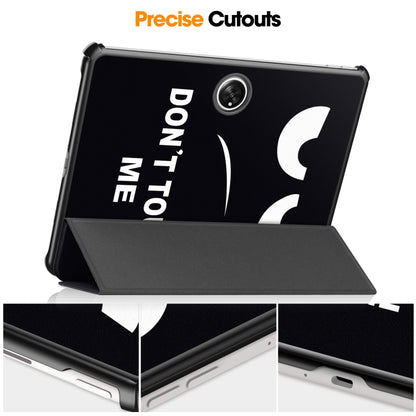 Smart tablet case back view with precise cutouts and camera opening; black textured cover