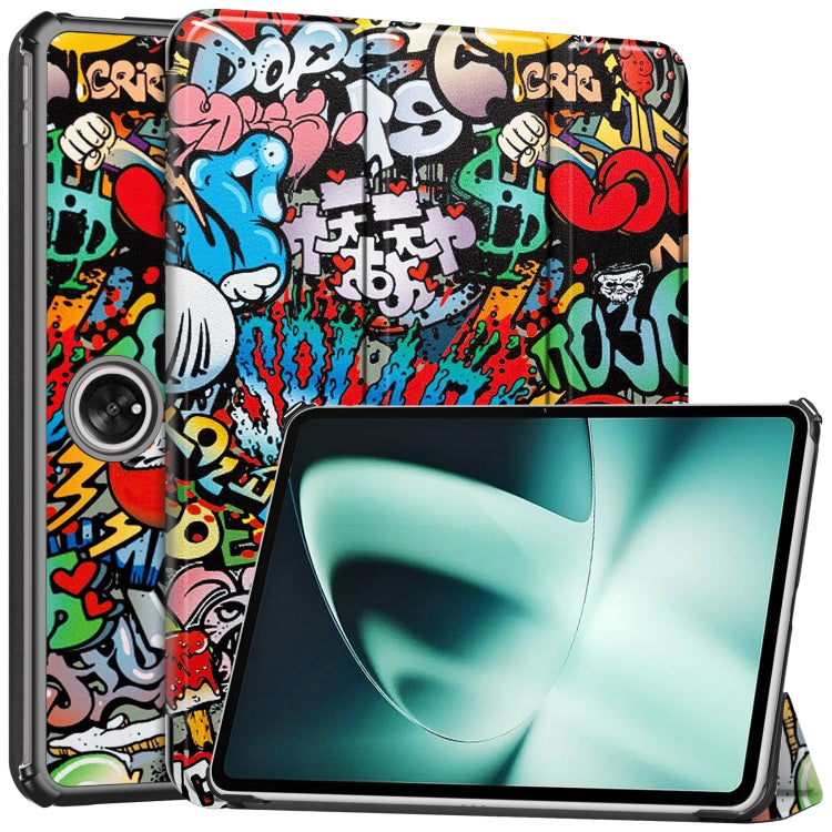 Graffiti-style smart tablet case with 3-fold stand; colorful back with tablet front visible