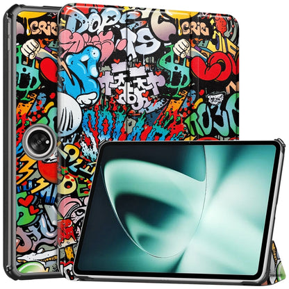 Graffiti-style smart tablet case with 3-fold stand; colorful back with tablet front visible