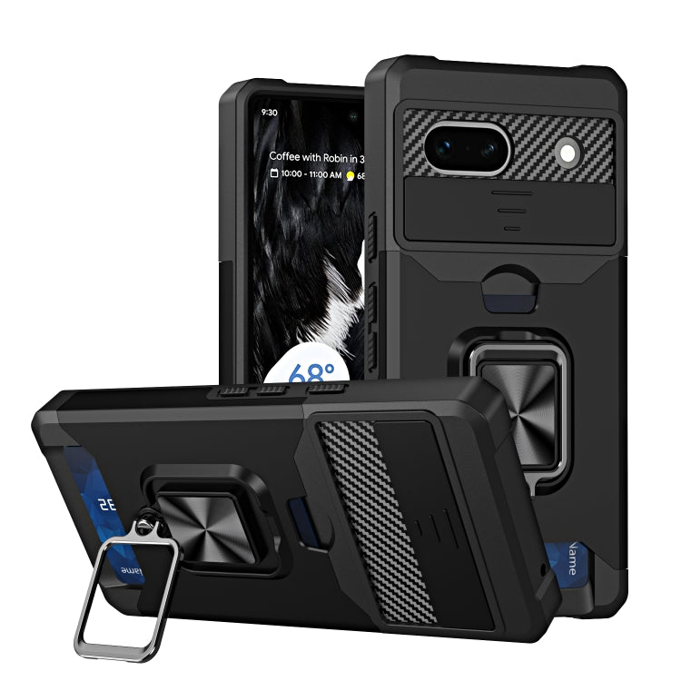 Black phone case with card slot, sliding camera cover, and metal ring holder for Pixel 7a