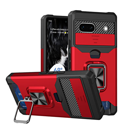Red phone case with card slot, sliding camera cover, and metal ring holder for Pixel 7a