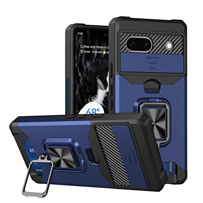 Blue phone case with card slot, sliding camera cover, and metal ring holder for Pixel 7a