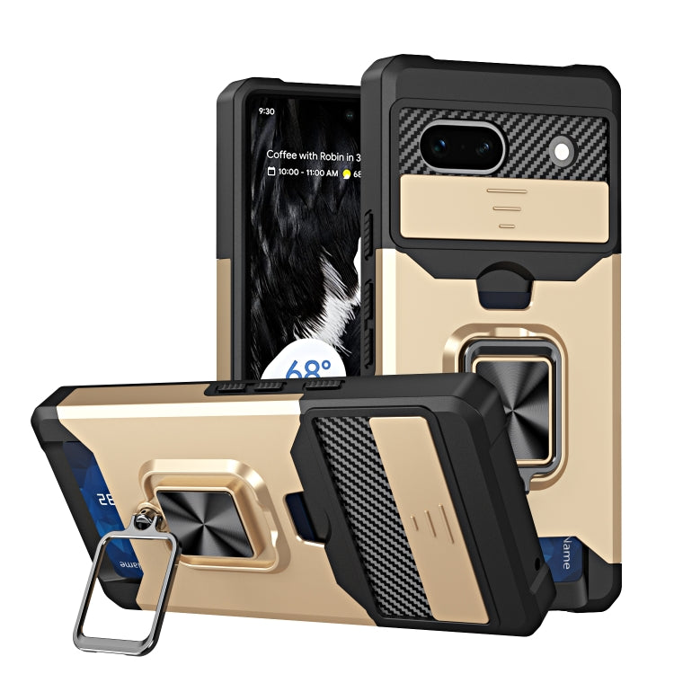 Gold phone case with card slot, sliding camera cover, and metal ring holder for Pixel 7a