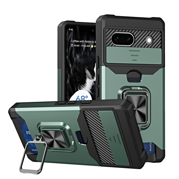 Dark green phone case with card slot, sliding camera cover, and metal ring holder for Pixel 7a