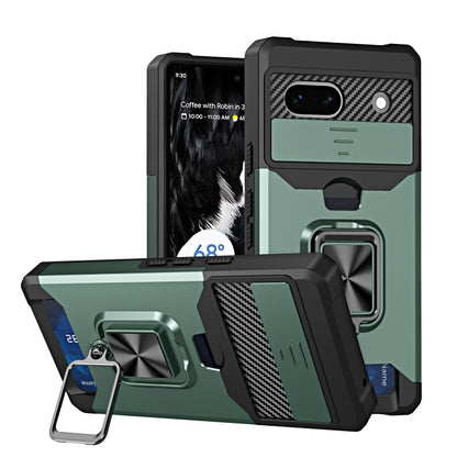 Dark green phone case with card slot, sliding camera cover, and metal ring holder for Pixel 7a