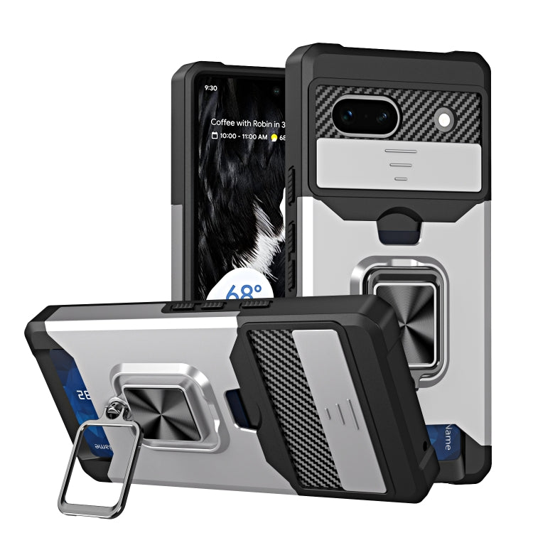 Silver phone case with card slot, sliding camera cover, and metal ring holder for Pixel 7a