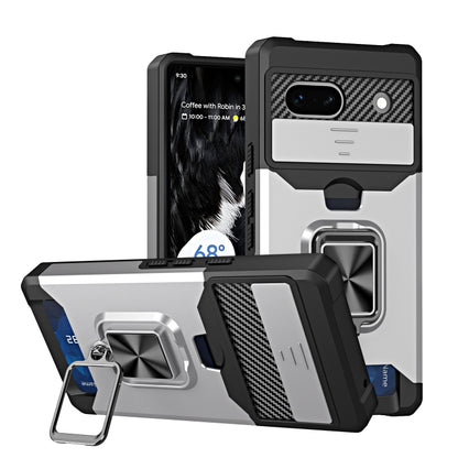 Silver phone case with card slot, sliding camera cover, and metal ring holder for Pixel 7a