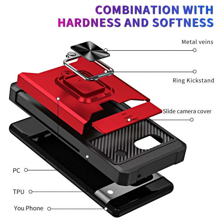 Red phone case diagram showing sliding camera cover, card slot, and ring kickstand