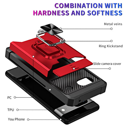 Red phone case diagram showing sliding camera cover, card slot, and ring kickstand