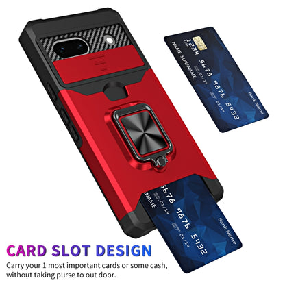 Red card slot phone case with metal ring holder, shown with an inserted card