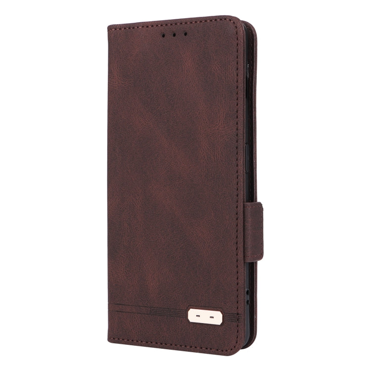 Brown magnetic leather phone case, front flap with snap clasp and side cutouts.