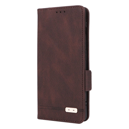 Brown magnetic leather phone case, front flap with snap clasp and side cutouts.