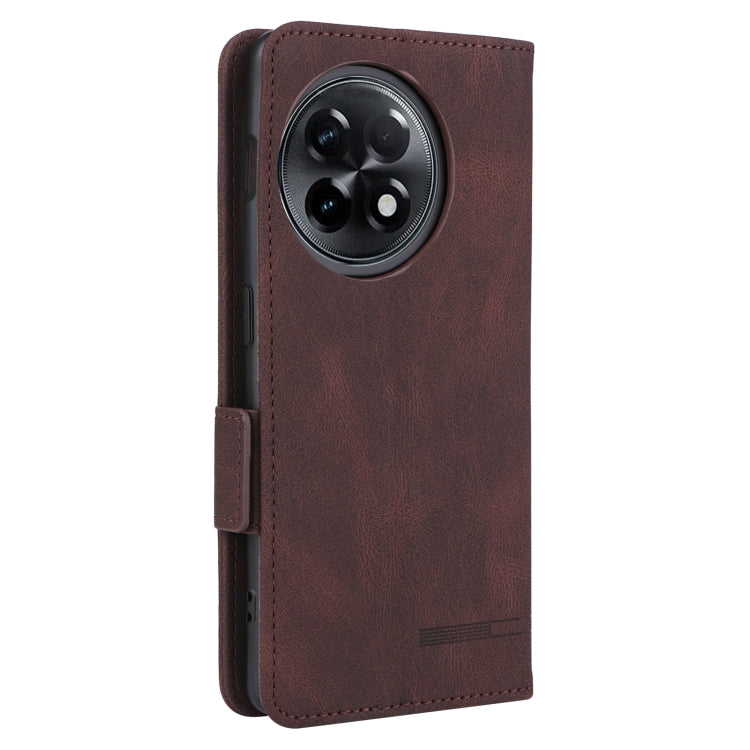 Brown leather phone case with magnetic side strap and large camera cutout.