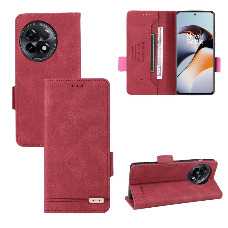 Red leather folio phone case with magnetic clasp, card slot, and camera cutout.