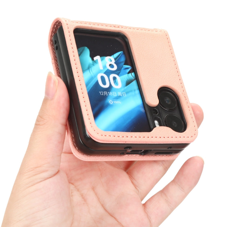 Pink lambskin leather phone case with viewing window and side camera cutout