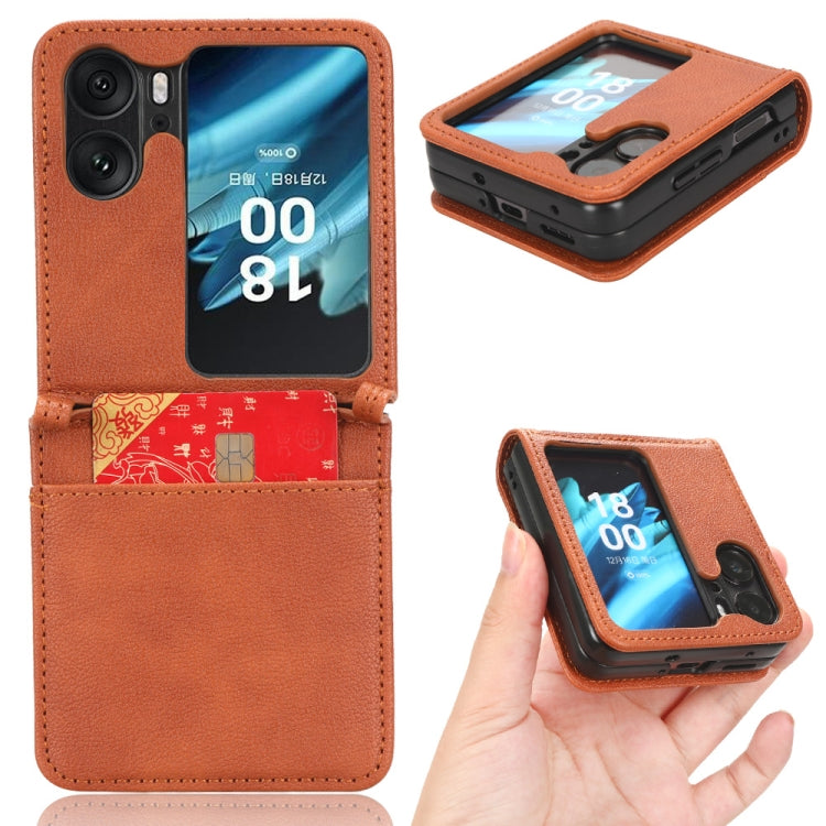 Lambskin leather phone case in brown with flip stand and camera cutout