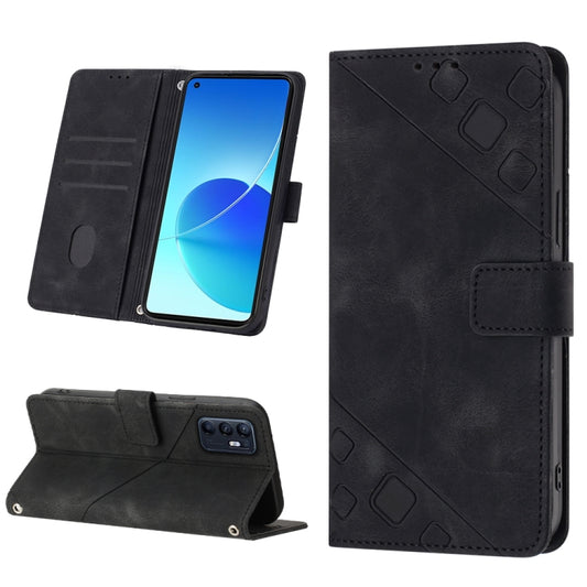 Black embossed leather phone case with folio cover, card slots, and stand