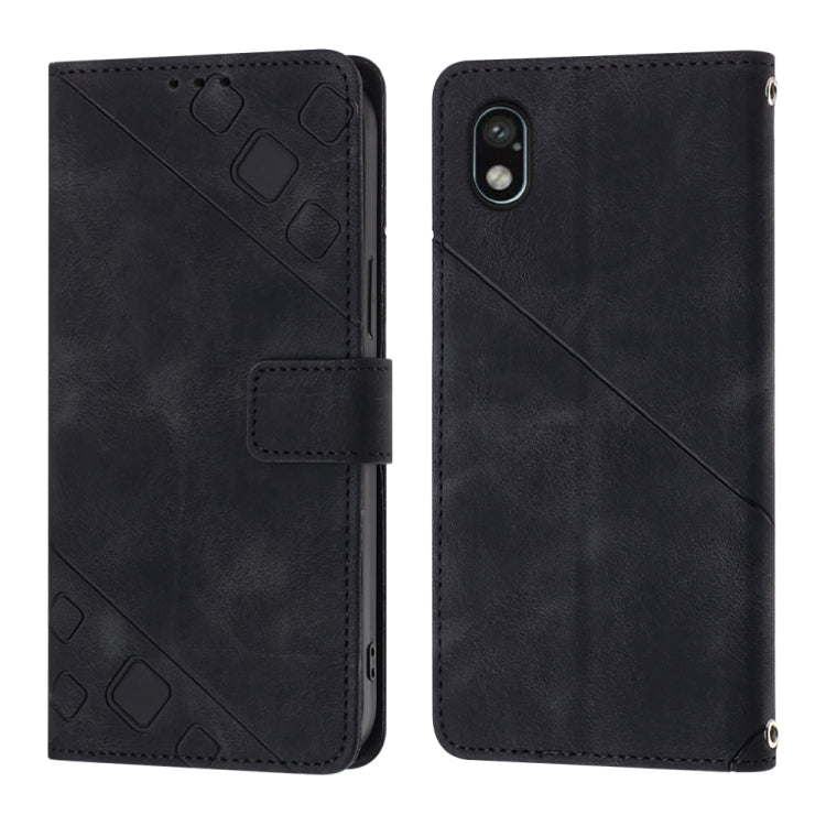 Black embossed leather phone case with front flip cover and back cutouts