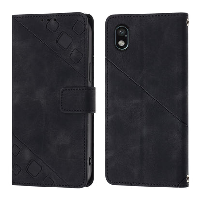 Black embossed leather phone case with front flip cover and back cutouts