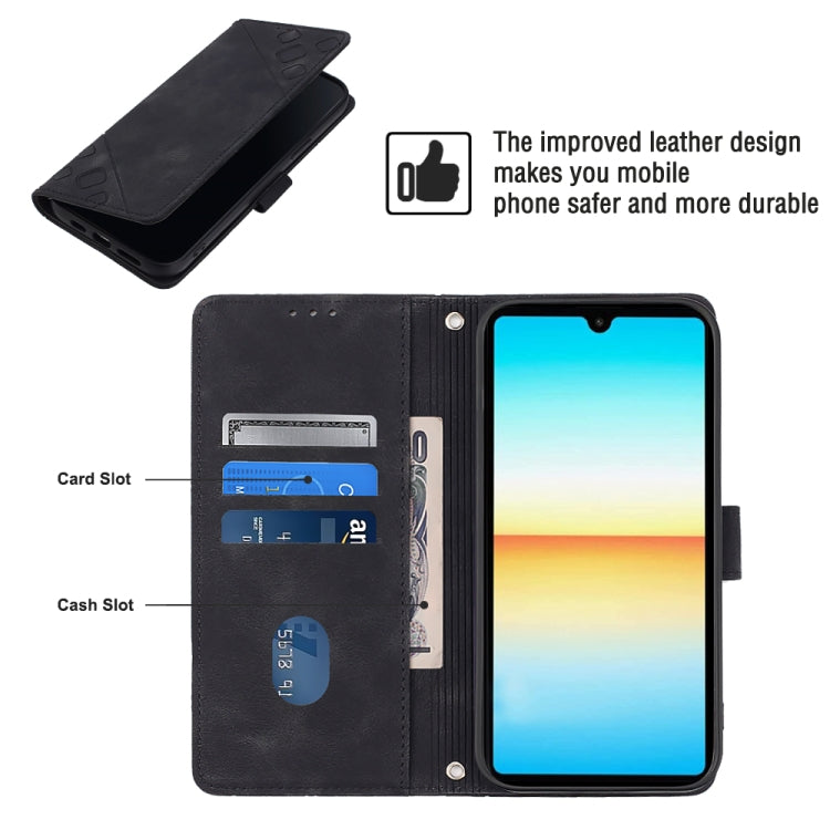 Black embossed leather folio phone case with card and cash slots and stand