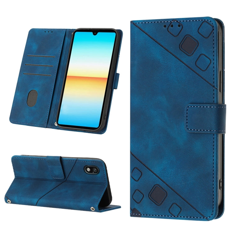 Blue embossed leather folio phone case with magnetic flap and stand
