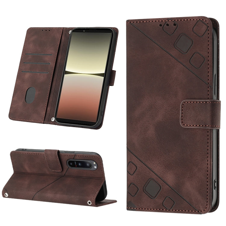 Embossed leather phone case with folio stand for Sony Xperia 5 IV, brown