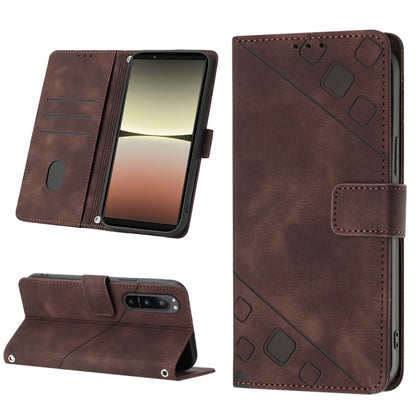 Embossed leather phone case with folio stand for Sony Xperia 5 IV, brown