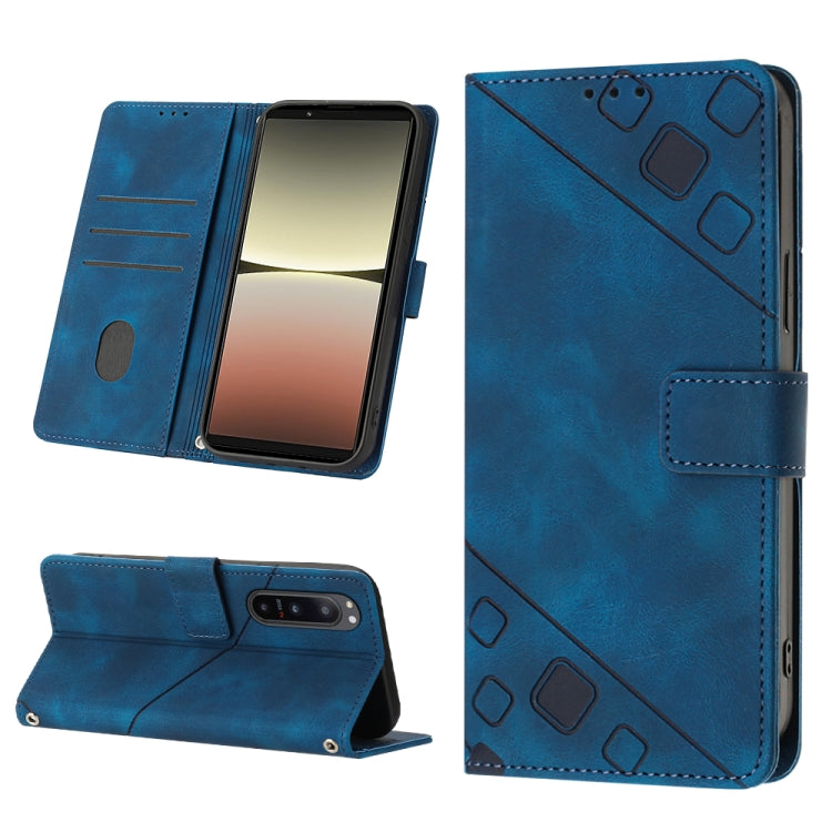 Embossed leather phone case with folio stand for Sony Xperia 5 IV, blue