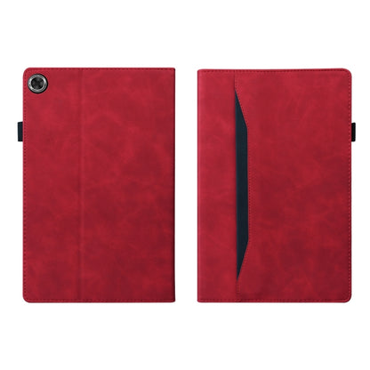 Red leather tablet case front and back views with horizontal flip strap