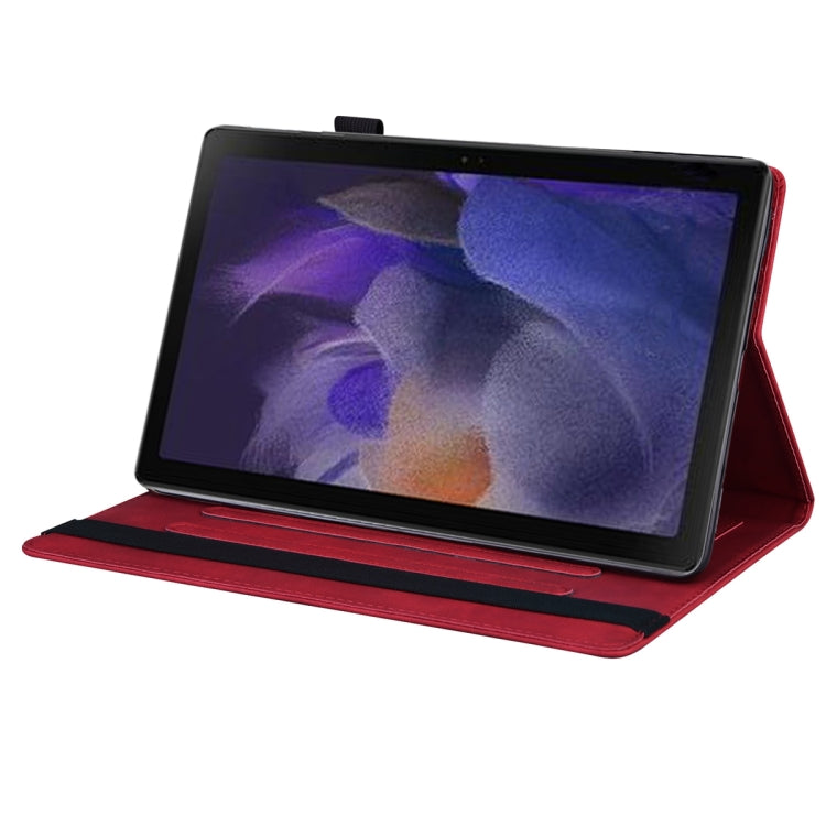 Red leather tablet case with horizontal flip stand holding a tablet